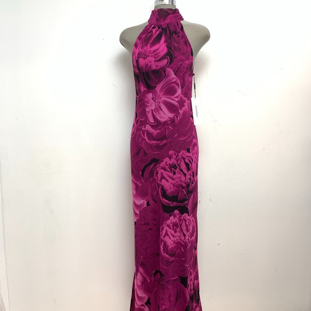 New CALVIN KLEIN Floral Print Delicate Chiffon Halter Mock Neck Long Dress